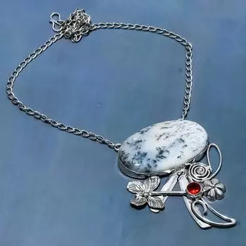 Ожерелье из натурального дендритового опала и граната из стерлингового серебра 925 пробы 18 дюймов M5h25