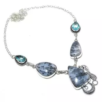Ожерелье из натурального дендритового опала и голубого топаза из стерлингового серебра 925 пробы 18 дюймов e2o34