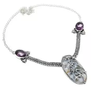 Ожерелье из натурального дендритового опала и аметиста из стерлингового серебра 925 пробы, 18 дюймов, J5c90