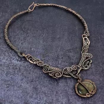Ожерелье из натурального драгоценного камня лабрадорита ручной работы из медной проволоки 18 дюймов D4c05