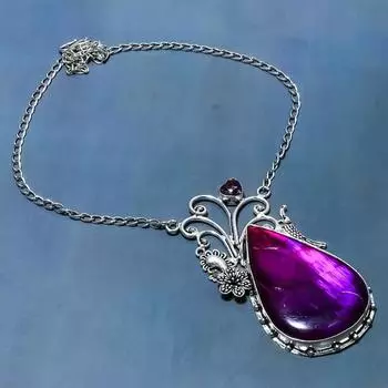 Ожерелье из натурального фиолетового лабрадорита и аметиста из стерлингового серебра 925 пробы 18 дюймов C4N14