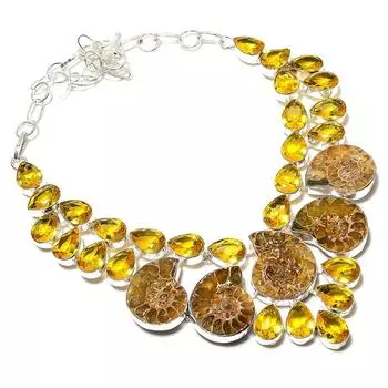 Ожерелье из натурального ископаемого аммонита и цитрина из стерлингового серебра 925 пробы 18 дюймов i4u13