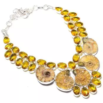 Ожерелье из натурального ископаемого аммонита и цитрина из стерлингового серебра 925 пробы, 18 дюймов, v4T10