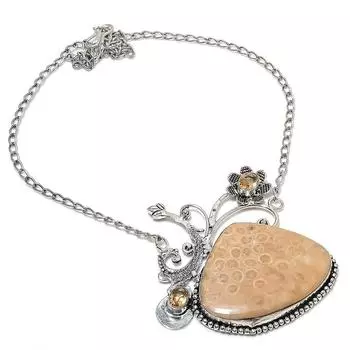 Ожерелье из натурального ископаемого коралла и цитрина из стерлингового серебра 925 пробы 18 дюймов f2E24