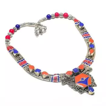 Ожерелье из натурального лазурита и коралла из стерлингового серебра 925 пробы 18 дюймов H4Q83