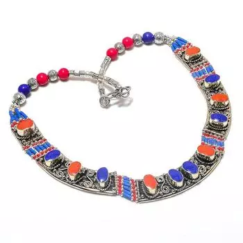 Ожерелье из натурального лазурита и коралла из стерлингового серебра 925 пробы 18 дюймов J1u64