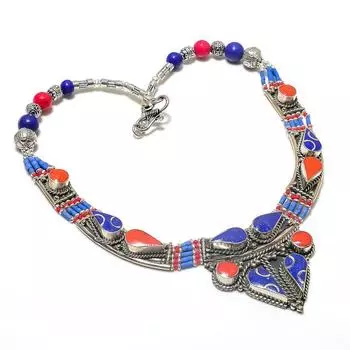 Ожерелье из натурального лазурита и коралла из стерлингового серебра 925 пробы 18 дюймов Y4E58