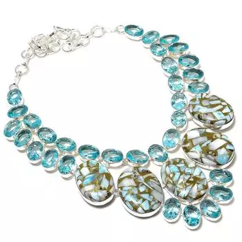 Ожерелье из натурального медного ларимара и голубого топаза из стерлингового серебра 925 пробы 18 дюймов N2J10