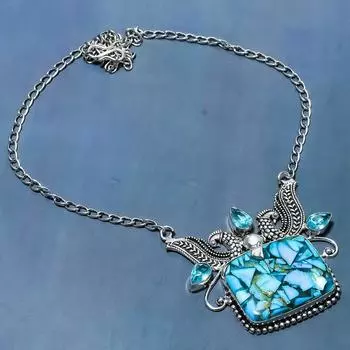 Ожерелье из натурального медного синего бирюзового камня и топаза из стерлингового серебра 925 пробы 18 дюймов i3Z62