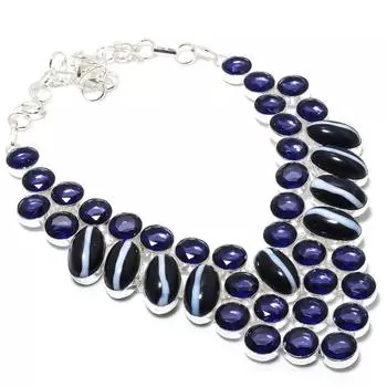 Ожерелье из натурального полосатого агата и аметиста из стерлингового серебра 925 пробы 18 дюймов s4C44