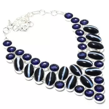 Ожерелье из натурального полосатого агата и аметиста из стерлингового серебра 925 пробы, 18 дюймов, Y7r90