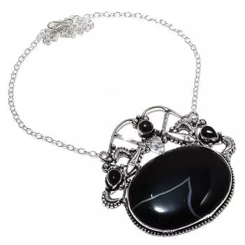 Ожерелье из натурального полосатого агата и оникса из стерлингового серебра 925 пробы, 18 дюймов, T6j32