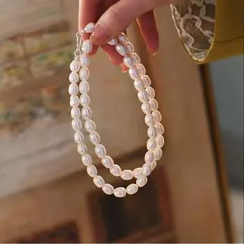 Ожерелье из натурального пресноводного риса в форме жемчужной нити, серебро 925 пробы, дизайн цепочки для свитера, разумное женское ожерелье 58cm