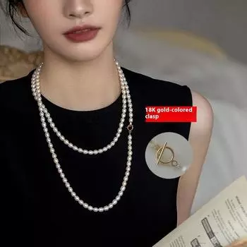 Ожерелье из натурального пресноводного жемчуга, женское, осенне-зимнее, длинное, из жемчужных бусин, двухслойная цепочка для свитера, высококлассная бижутерия в стиле легкой роскоши
