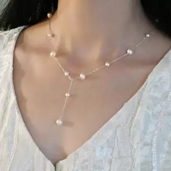 Ожерелье из натурального пресноводного жемчуга с небесной звездой, серебро 925 пробы, цепочка на шею, простая и элегантная цепочка на шею для девочек 50cm