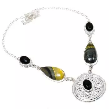 Ожерелье из натурального яшмового шмеля, оникса, стерлингового серебра 925 пробы, 18 дюймов e4F51