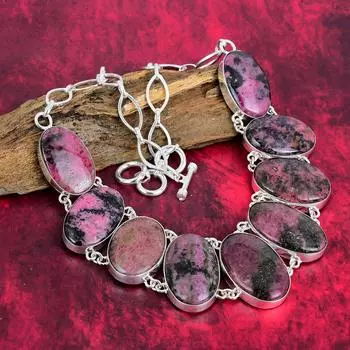 Ожерелье из натурального родонита, ожерелье из чистого серебра 925 пробы ручной работы из настоящего драгоценного камня, подарок жене, антикварные ювелирные изделия Adjustable with 18 inches розовый