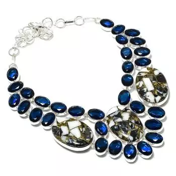 Ожерелье из натурального серебра 925 пробы с зебровой яшмой и голубым топазом, 18 дюймов l7K39