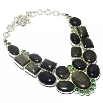 Ожерелье из натурального серебристого обсидиана и апатита из стерлингового серебра 925 пробы, 18 дюймов, w1j48