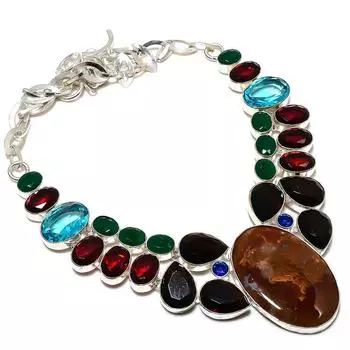 Ожерелье из натурального шовного агата и черной шпинели из стерлингового серебра 925 пробы, 18 дюймов, D3Y41