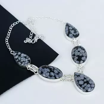 Ожерелье из натурального снежного обсидиана ручной работы из стерлингового серебра 925 пробы, серебряное ожерелье из снежного обсидиана для жены, ожерелье унисекс, подарок на день рождения 20 чёрный