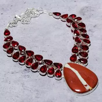 Ожерелье из натуральной красной речной яшмы и граната из стерлингового серебра 925 пробы, 18 дюймов u9l15