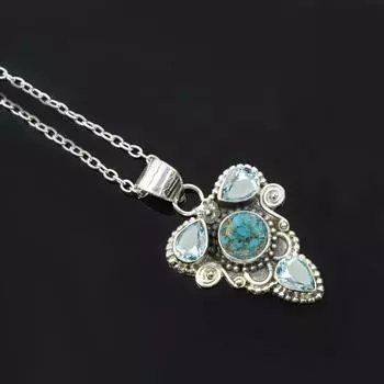 Ожерелье из натуральной меди, бирюзы и перидота, ожерелье из стерлингового серебра 925 пробы, свадебное рождественское ювелирное ожерелье ручной работы - около 10,5 Вт синий/зелёный