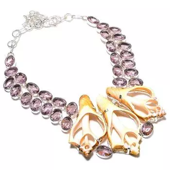 Ожерелье из натуральной ракушки каури и драгоценного камня кунцита из стерлингового серебра 925 пробы, 18 дюймов, E7O14