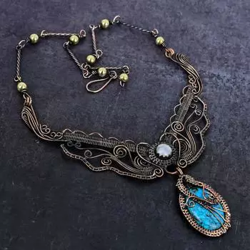 Ожерелье из натуральной тибетской бирюзы и лунного камня с медной проволокой 18 дюймов W5B97