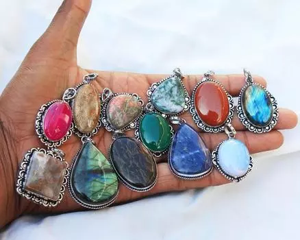 Ожерелье из натуральных драгоценных камней, серебряные подвески на ожерельях, подвеска ручной работы в стиле бохо, винтажная подвеска, подвески в стиле бохо, лот женских подвесок Mix Size фиолетовый