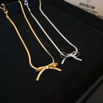 Ожерелье из нержавеющей стали с цепочкой в виде змеиной кости, женское модное ожерелье с бантом и каплей воды, изысканное украшение для вечеринки, подарок для девочек белый