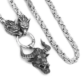 Ожерелье из нержавеющей стали с головой волка викингов, кулон с головой быка, ожерелье в стиле хип-хоп, панк, мужские украшения из нержавеющей стали 40CM