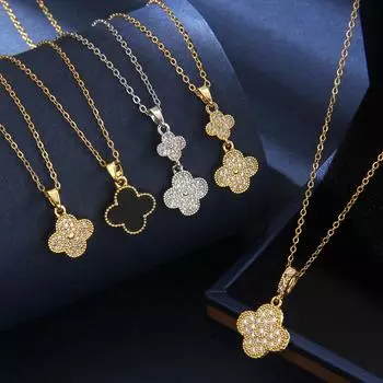 Ожерелье из нержавеющей стали с медной микроинкрустацией из 18-каратного золота с цирконами и клевером