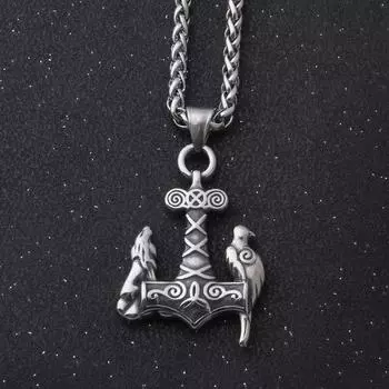 Ожерелье из нержавеющей стали с молотом Тора викингов - амулет Одина, волка и ворона с цепочкой киля, скандинавские языческие украшения для мужчин и женщин Single Pendant