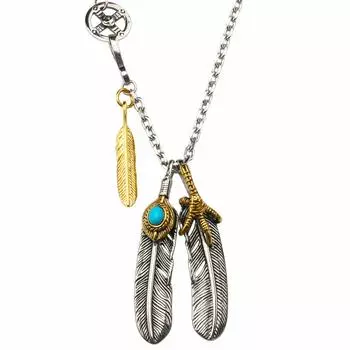 Ожерелье из нержавеющей стали с перьями, серебряное бирюзовое ожерелье с перьями, кулон с золотым когтем и пером, очень большое перо, солнце с перьями [серебро KYASYA]316L