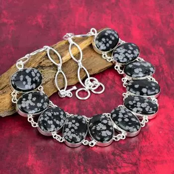 Ожерелье из обсидиана со снежинкой, изящное ювелирное ожерелье ручной работы из стерлингового серебра 925 пробы с драгоценным камнем, регулируемое ожерелье-цепочка, подарок для нее Adjustable with 18 inches