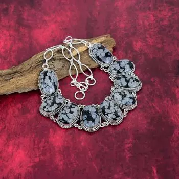 Ожерелье из обсидиана со снежинкой, изящное ювелирное ожерелье ручной работы из стерлингового серебра 925 пробы с драгоценным камнем, регулируемое ожерелье-цепочка, подарок для нее Adjustable with 18 inches чёрный