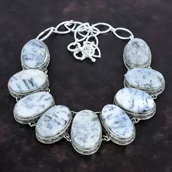 Ожерелье из опала дендрита, ожерелье из стерлингового серебра 925 пробы, регулируемое ожерелье из цепочки ручной работы, ювелирные изделия из драгоценных камней, подарки для нее, винтажные изящные украшения