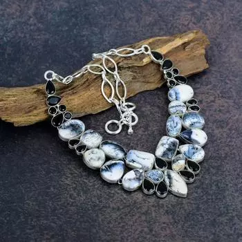 Ожерелье из опала и черного шпинеля, ожерелье из стерлингового серебра 925 пробы, антикварные украшения ручной работы, подарок для матери Adjustable with 18 inches синий