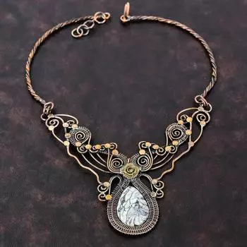 Ожерелье из пинолитовой яшмы, ожерелье из медной проволоки, регулируемое ожерелье, ожерелье ручной работы с драгоценными камнями, антикварные медные украшения, подарок на годовщину