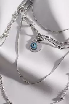 Ожерелье из пяти частей серебряного цвета с бусинами от сглаза