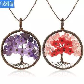 Ожерелье из проволочной обертки с подвеской в виде дерева жизни, ручная рана, цветок, кристалл ocean blue