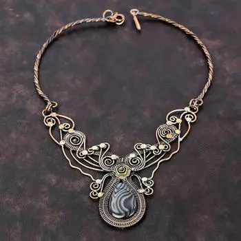 Ожерелье из псиломелана, ожерелье из медной проволоки, ожерелье ручной работы, регулируемое ожерелье, подарок для нее, ожерелье из драгоценных камней, изящные медные украшения