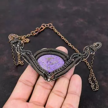 Ожерелье из пурпурита, обернутое медной проволокой, ожерелье ручной работы из натуральных драгоценных камней, регулируемое ожерелье из медной проволоки, подарок для нее