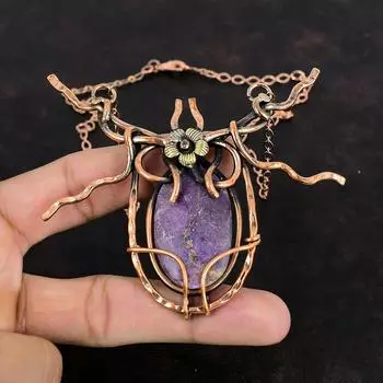 Ожерелье из пурпурита с драгоценными камнями, ожерелье из медной проволоки, ювелирные изделия ручной работы, регулируемое ожерелье-цепочка, красивые медные ювелирные изделия, подарки для жены