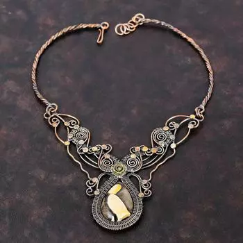 Ожерелье из яшмы из арахисового дерева, медная проволока, ожерелье из драгоценных камней, регулируемое ожерелье, медные украшения, ожерелье ручной работы, ювелирные изделия из проволоки для подарка