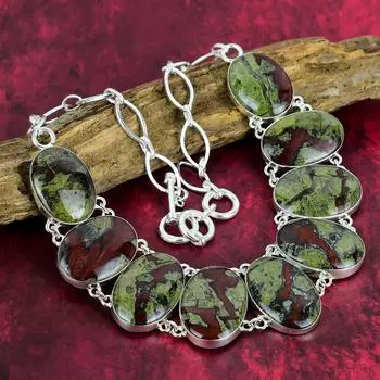 Ожерелье из яшмы крови дракона, ожерелье из чистого серебра 925 пробы с натуральным драгоценным камнем, ювелирные изделия ручной работы, подарок на годовщину и день рождения для нее Adjustable with 18 inches зелёный