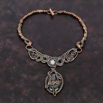 Ожерелье из яшмы Пикассо, ожерелье из медной проволоки, радужное ожерелье из лунного камня, ювелирные изделия из медной проволоки, ожерелье из драгоценных камней ручной работы, подарок для нее