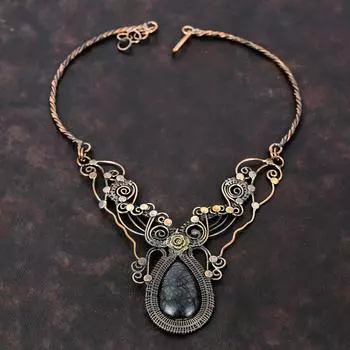 Ожерелье из яшмы Пикассо, ожерелье из медной проволоки, регулируемое ожерелье, ювелирные изделия из медной проволоки, ожерелье с драгоценными камнями, свадебный подарок, ювелирные изделия ручной работы