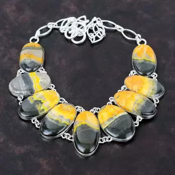 Ожерелье из яшмы с шмелями Ожерелье ручной работы из драгоценных камней Ожерелье из стерлингового серебра 925 пробы Антикварные ювелирные изделия Регулируемая цепочка Ожерелье Подарок на помолвку Adjustable